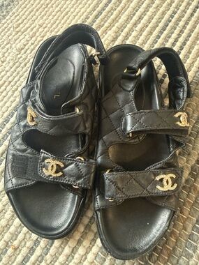 CHANEL Black Quilted Leather CC Logo Sport Sandals with Gold Hardware